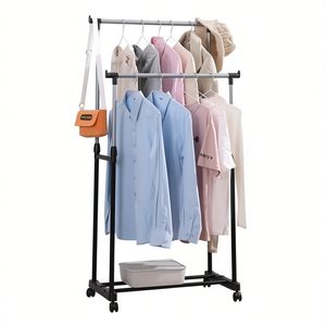 Porte-vêtements Myrva à double niveau, en métal, autoportant, portable, rangement de garde-robe, design minimaliste avec roulettes - Product Image 1