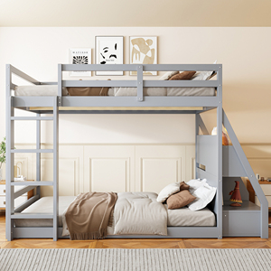 Cama litera completa con luces LED controladas por aplicación (7 colores), puertos USB, estantes de almacenamiento y 2 cajones, gris - Product Image 3