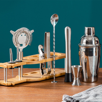 Kit de bar en acier inoxydable, outils à cocktails, support en bois, shaker à cocktails, ensemble de cocktails