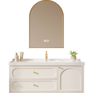 Meuble-lavabo double mural flottant de luxe moderne avec éclairage, finition laquée céramique, rangement en contreplaqué et miroir intelligent - Product Image 4