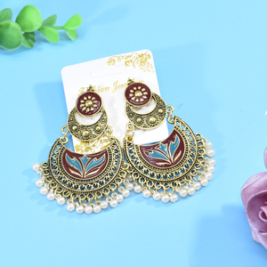 Ethnische Rosa Blumen-Halbmond-Ohrringe Bollywood Kundan Jhumka Böhmische Perlenohrringe für Damen Hochzeit - Product Image 6