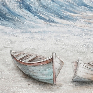 Peinture à l'huile abstraite moderne peinte à la main, art mural côtier, bateaux sur la plage avec des vagues qui déferlent, pour un décor paysager - Product Image 4