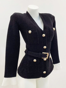 Cardigan da Donna OUDINA a Prezzo di Fabbrica, <span class=keywords><strong>Elegante</strong></span> Scollo a V in Velluto <span class=keywords><strong>Nero</strong></span> con Cintura e Bottoni in Strass - Product Image 4