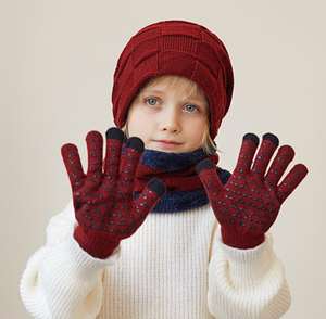 Enfants garçons enfants solide Plaid <span class=keywords><strong>tricot</strong></span>é Beanie <span class=keywords><strong>Snood</strong></span> gants ensemble hiver extérieur chaud <span class=keywords><strong>tricot</strong></span>é chapeau écharpe gants costume - Product Image 3