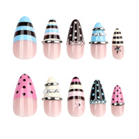 Faux ongles à presser en forme d'amande style porcelaine bleue, avec fleurs 3D, strass bleus, imprimé zèbre et léopard, perles dorées, réutilisables