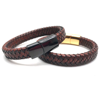Bijoux obdienne à la mode pour hommes, cordon en cuir véritable tressé avec bracelet de breloques en acier inoxydable