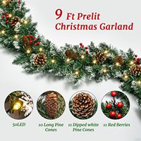 Guirlande de Noël floquée pré-éclairée avec pommes de pin, baies rouges et lumières LED pour porte d'entrée, escalier, cheminée, décoration de Noël en guirlande, vente en gros