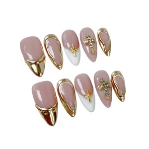 <span class=keywords><strong>Uñas</strong></span> Postizas de Almendra, 10 Piezas - Estilo Francés Helado, <span class=keywords><strong>Uñas</strong></span> Color Rubor con Dije de Cruz Metálica, <span class=keywords><strong>Uñas</strong></span> Postizas de Lujo al por Mayor para Mujer - Product Image 2