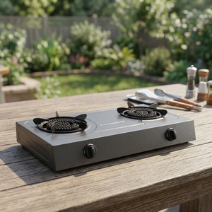 High End Stainless Steel <b>Portable</b> 2 Burner <b>Gas</b> Cooktop with Knob Control Electronic Ignition and No Plug Required - Product Image 2