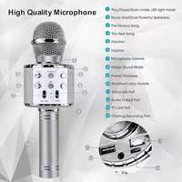 Microphone karaoké sans fil WS858L avec haut-parleur Bluetooth et lumières LED colorées, changeur de voix, jouet musical, cadeau pour enfants, filles et garçons