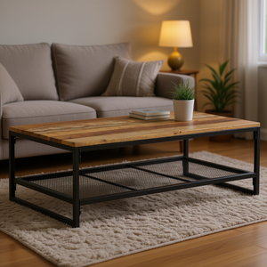 Reclaimed Wood And Iron Coffee <b>Table</b> <b>Brown</b> Industrial Modern Living Room Furniture Solid Top Design - Product Image 2