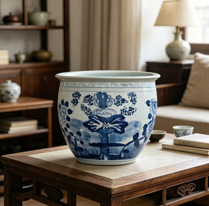 Grand bol en porcelaine bleu et blanc à motifs floraux - Pièce maîtresse pour une décoration intérieure sereine - Product Image 1