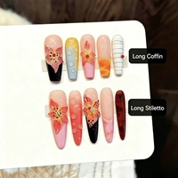 TSZS Faux ongles à presser faits main, motif floral 3D en relief, longs, forme cercueil et stiletto, 2 formes, dégradé, réutilisables, pour nail art