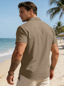 Nuova <span class=keywords><strong>Camicia</strong></span> Estiva da <span class=keywords><strong>Uomo</strong></span> in <span class=keywords><strong>Lino</strong></span> a Maniche Corte con Colletto, Tinta Unita, Traspirante, Ideale per Spiaggia e Attività all'Aperto - Product Image 4