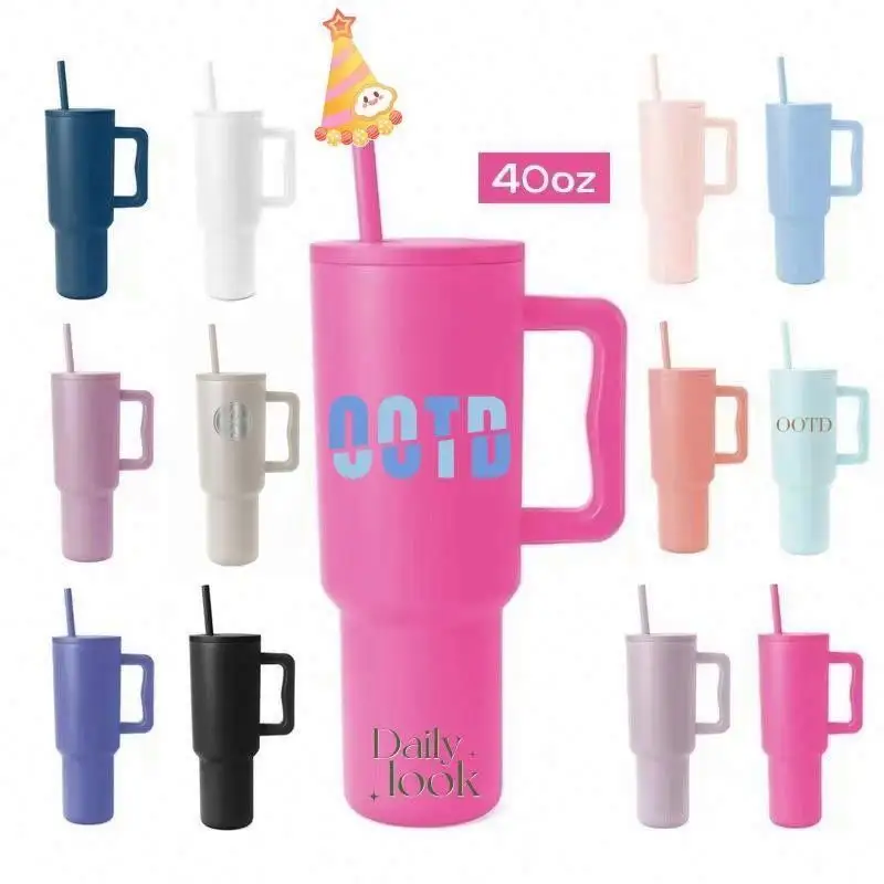 Individuelles vakuum isoliertes pulver beschichtet 40 oz mit griff strohhalm doppelte wand edelstahl wasserbecher trinkbecher reisebecher