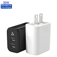 Chargeur rapide double Type-C 30W PD personnalisé avec protection OVP, adaptateur mural prise US pour ordinateurs portables et appareils photo de 8 à 16 pouces