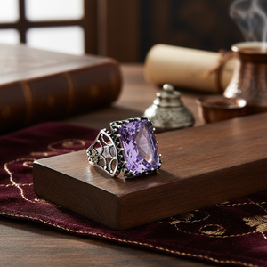 Rectangle Shape Amethyst Gemstone Ottoman Design Authentic <b>Men</b> <b>Ring</b> Turkish Wholesale Handmade 925 Sterling <b>Silver</b> for <b>Men</b> - Product Image 3