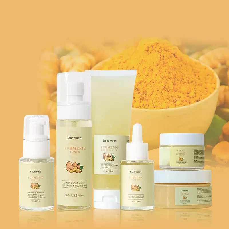 Conjunto de cuidados com a pele, etiqueta privada facial orgânica tumeric, conjunto de clareamento turênico, anti-envelhecimento, cuidados com a pele