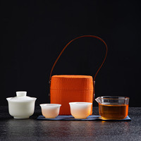 Ensemble de thé portable de voyage, Gaiwan en céramique Kung Fu avec 2 tasses, pichet en verre, étui en cuir, kit de cérémonie du thé chinois pour le camping