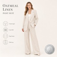 Ensemble Blazer et Pantalon en Lin Personnalisé pour Femme, Col Large, Deux Boutons, Poches à Rabat, Coupe Oversize, Style Business Décontracté, Vente en Gros