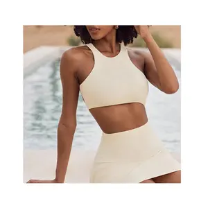 2024 Women Short Skirt 2 Piece Yoga Suit Backless Bra Gym Wear Tennis Skirt Set