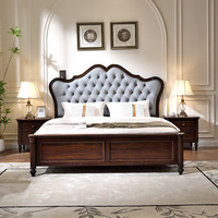 Lit double en bois massif démontable de style campagnard américain vintage 1800x2000mm avec tête de lit rembourrée en cuir pleine fleur