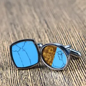 Gemelos personalizados de joyería Gentdes Chapado en plata Titanio Acero Turquesa y incrustaciones de madera Fabricación de joyas Gemelos de lujo para hombres - Product Image 2