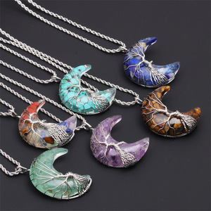 Multi-Material <b>Tree</b> of Life Wire Wrapped Moon Pendant Necklace, Wholesale Healing <b>Crystal</b> Jewelry with Customization Service - Product Image 1
