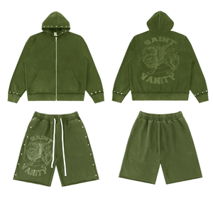 High Quality Rivet Mens 2 Piece <b>Set</b> American Acid Washed Breathable Letter Print Streetwear 100% Cotton <b>Knitted</b> Shorts Pants - Product Image 1