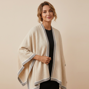 Poncho de punto con logotipo personalizado, ribete en contraste, marca privada, chal largo de invierno - Product Image 3