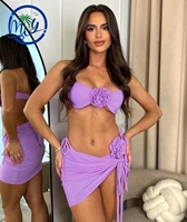 3-delige Bandeau 3D bloemen bikini set met minirok, stretch, strandkleding, op maat gemaakte badkleding, groothandel