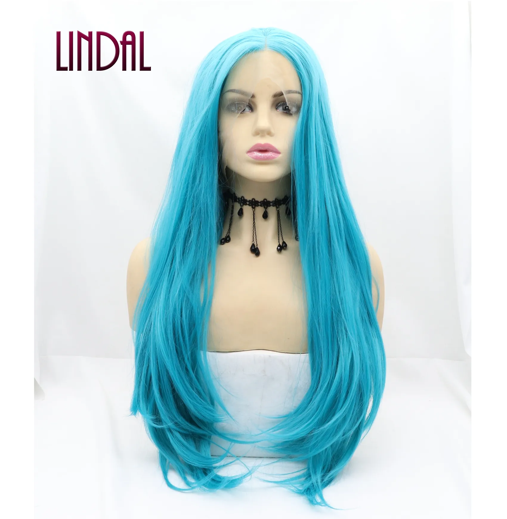 LINDAL synthetic heat resistant lake blue long hair freedom part lace wig synthetic sky blue lace front wig