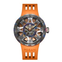 Montre mécanique automatique squelette creux à motif coloré, bracelet en silicone orange, aiguilles lumineuses, montre-bracelet analogique sport pour homme