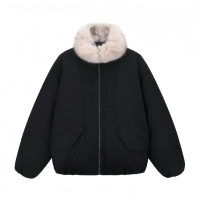 Veste d'hiver noire ample pour homme, col en fausse fourrure, fermeture éclair, style aviateur, veste décontractée de rue