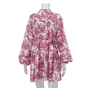 Spring and Autumn New Country Ink Printing <b>Bubble</b> Sleeve Collar Tie Retro Short Dresses Fashion - Product Image 3