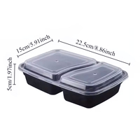 Boîte à repas à emporter en plastique noir, micro-ondable, à 2 compartiments, avec couvercle transparent