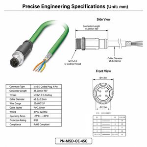<span class=keywords><strong>Cable</strong></span> Ethernet Industrial M12 con Codificación D de 4 Pines a Extremo Abierto, <span class=keywords><strong>Cable</strong></span> CAT5E SFTP Apantallado Verde PUR Profinet para Sensor PLC - Product Image 2
