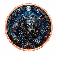 Pièce de monnaie en cuivre Loup nordique Fenrir 5 AVDP oz .999 Or pur Relief 3D haute définition Couleur UV Art Viking Runes Cycle de la Lune Pièce de monnaie en cuivre de collection