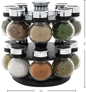 Revolving Tower with Free Spice Refills for 16-Jar Clear Spice Rack Organizer for Cabinet 2 Tier Stackable Seasoning Rack