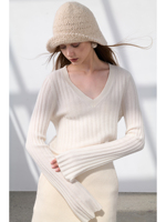 Pull en cachemire pur à 100% pour femme, col en V, tricot côtelé, manches cloche, coupe ajustée, chaud, doux, fin, élégant, pour l'hiver