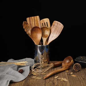 Wooden <b>Utensils</b> <b>Sets</b> <b>Kitchen</b> Utenails <b>Set</b> With Holder for Cooking Teak Wood Spoons Flatware Serving <b>Sets</b> Cooking <b>Utensil</b> - Product Image 3