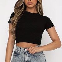 Kaos Crop Top Wanita Lengan Pendek Warna Solid Slim Fit Streetwear Kasual - Promo