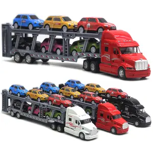 truk dan trailer mainan Suppliers-1:48 Set Mainan Model Truk Pembawa Transportasi Die-Cast, Truk Traktor Tarik Belakang Panjang 35Cm Trailer Ganda dengan 6 Troli