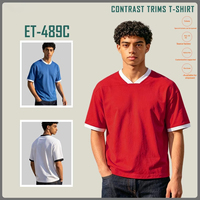 Nouvelle Collection Été – T-shirt Streetwear Homme Col V Uni Coupe Carrée Courte avec Bordure Contrastante 100% Coton Coupe Ample
