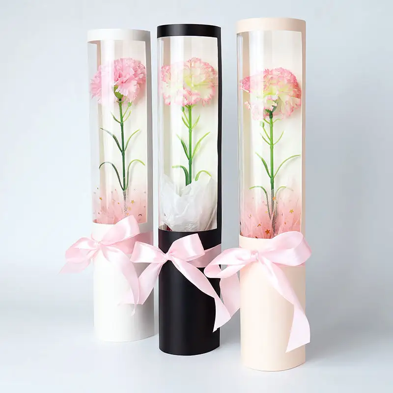 Vente en gros Boîte cadeau pliable en PVC à fleur unique transparente Boîte d'emballage cadeau en papier cylindrique pour fleuriste et fleur de rose