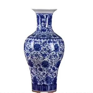 Luxe Blauw En Wit Qing Dynastie Vaas Groot Formaat Nautisch Interieur Rijstpatroon Vaas 60Cm Hoog