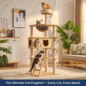 Arbre à chat de luxe grand format, 6 niveaux, 2 hamacs en acrylique, niche pour chat, poteau en sisal, échelle à marches, pour plusieurs chats, intérieur - Product Image 4