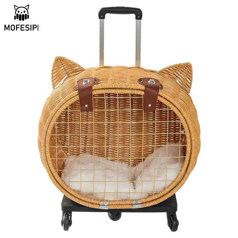 Fabricante Venda Direta Grande Espaço Pet Travel Carrier Bag Rattan Vime Sobre Rodas Carrinho Trolley Pushchair