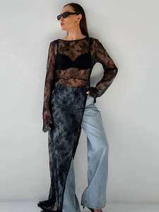 Abito Sexy nero trasparente <span class=keywords><strong>con</strong></span> <span class=keywords><strong>spacco</strong></span> rotondo in <span class=keywords><strong>pizzo</strong></span> satinato a maniche lunghe asimmetrico, abito estivo versatile - Product Image 2