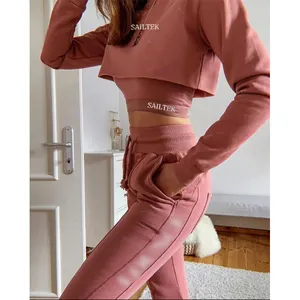 Katı renk organik pamuklu kumaş 2 parça kırpma üst Jogger seti 2021 rahat iki parçalı Loungewear setleri salon giyim setleri kadınlar